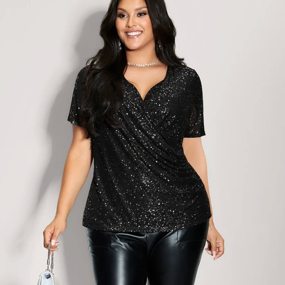 BloomChic Black Shimmery Wrap Blouse - NWT - P2P 21"